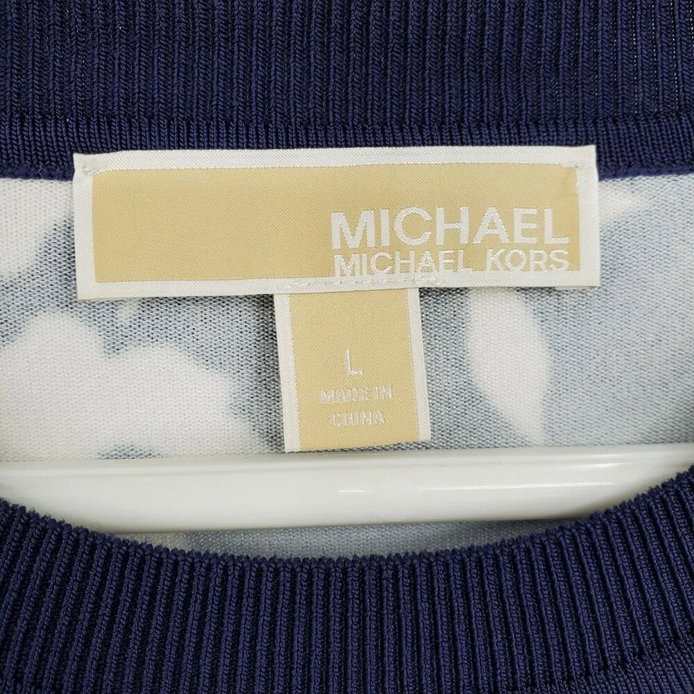 Michael Kors Navy‎ Blue and White Floral Print Crewneck Sweater Top Shirt Large